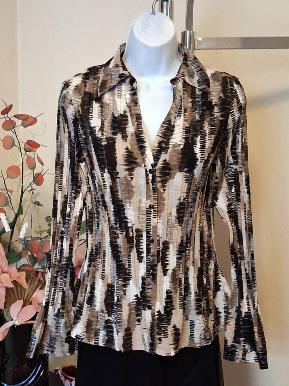 NEW Women’s Pleated Multi Color Printed Shirt Long Sleeve Blouse Top 8